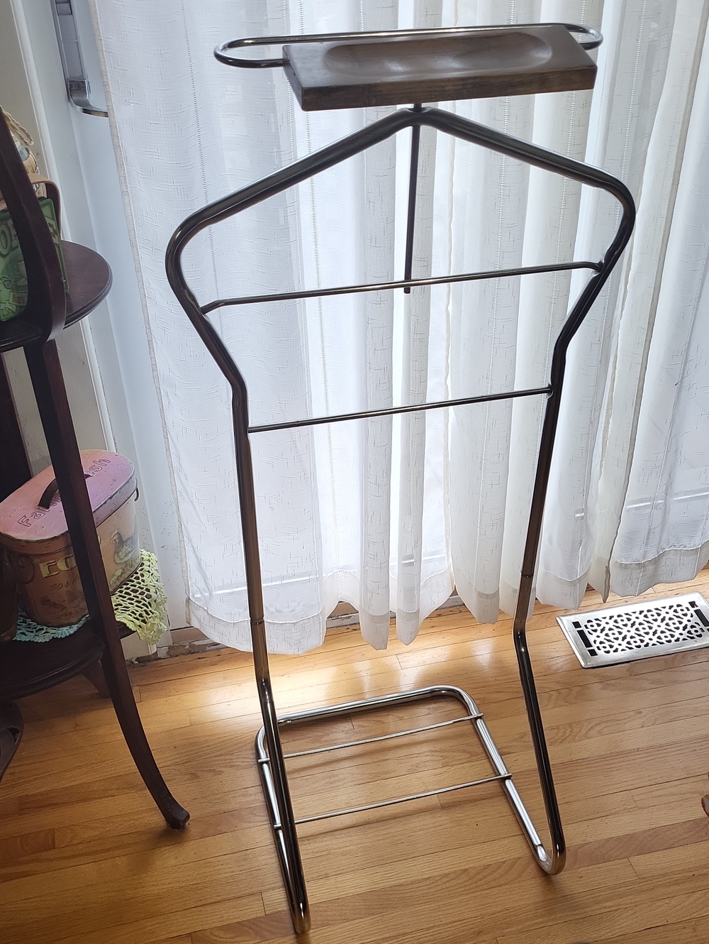 Midcentury Chrome Valet Stand with Wooden Tray -